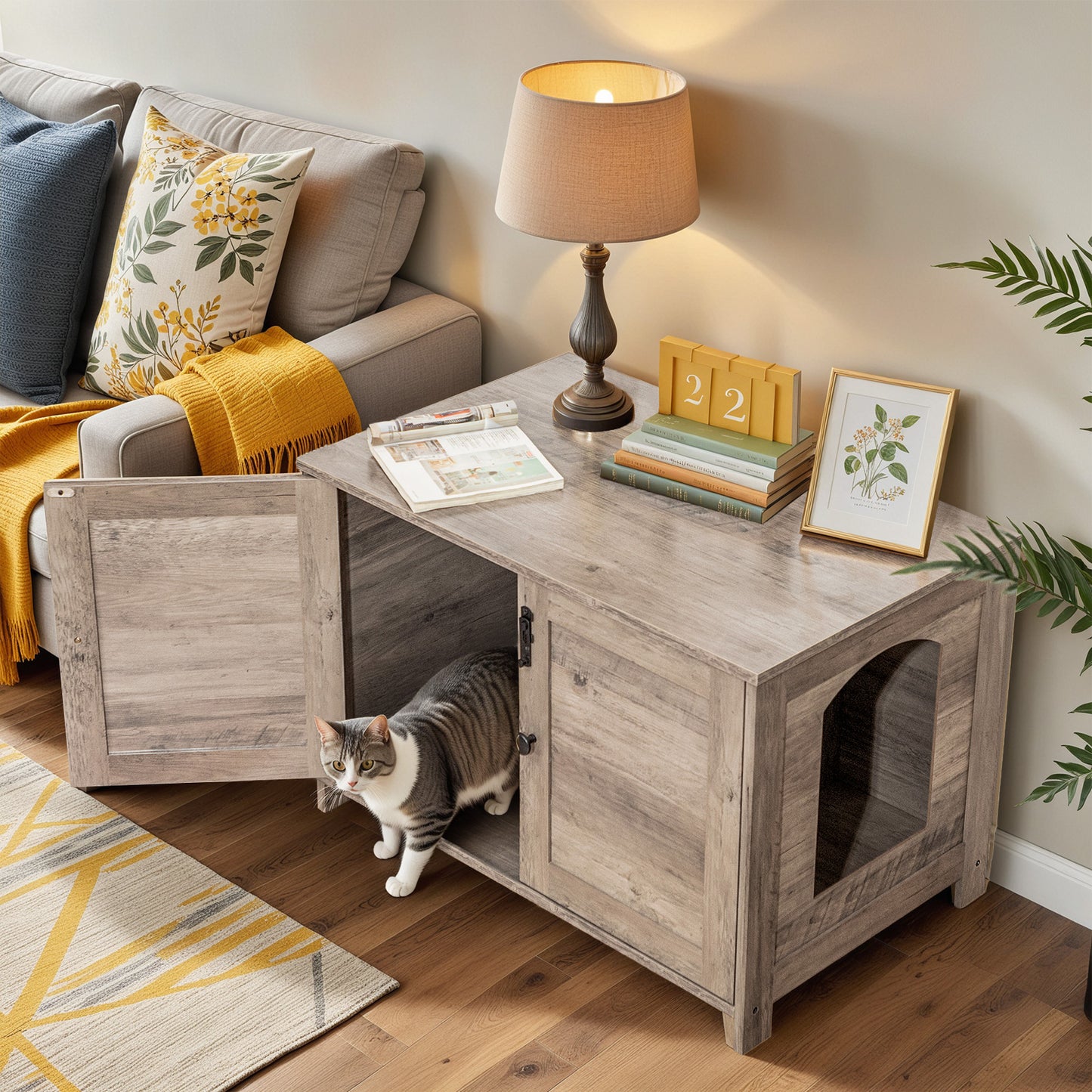 Wooden pet furniture with a cat inside, placed in a living room setting.