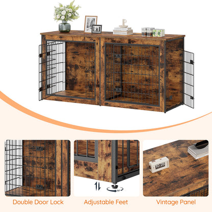 Wooden pet crate with metal wire doors and decorative items on top, featuring double door lock, adjustable feet, and vintage panel design.