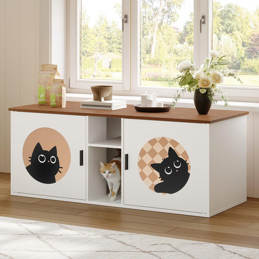 HOOBRO white enclosed cat litter box furniture bench with a calico cat peeking out next to a living room window.