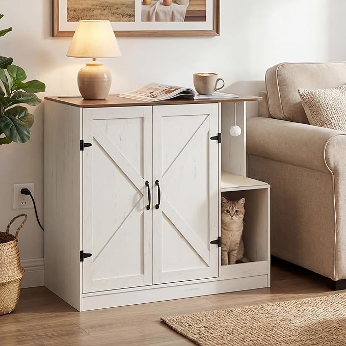 HOOBRO farmhouse white barn door automatic cat litter box enclosure furniture hidden cabinet for Litter Robot 