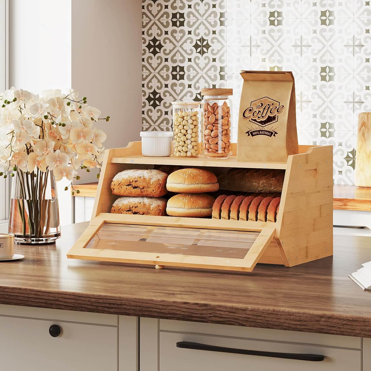 Wooden bread display case with bread and pastries on a kitchen counter.