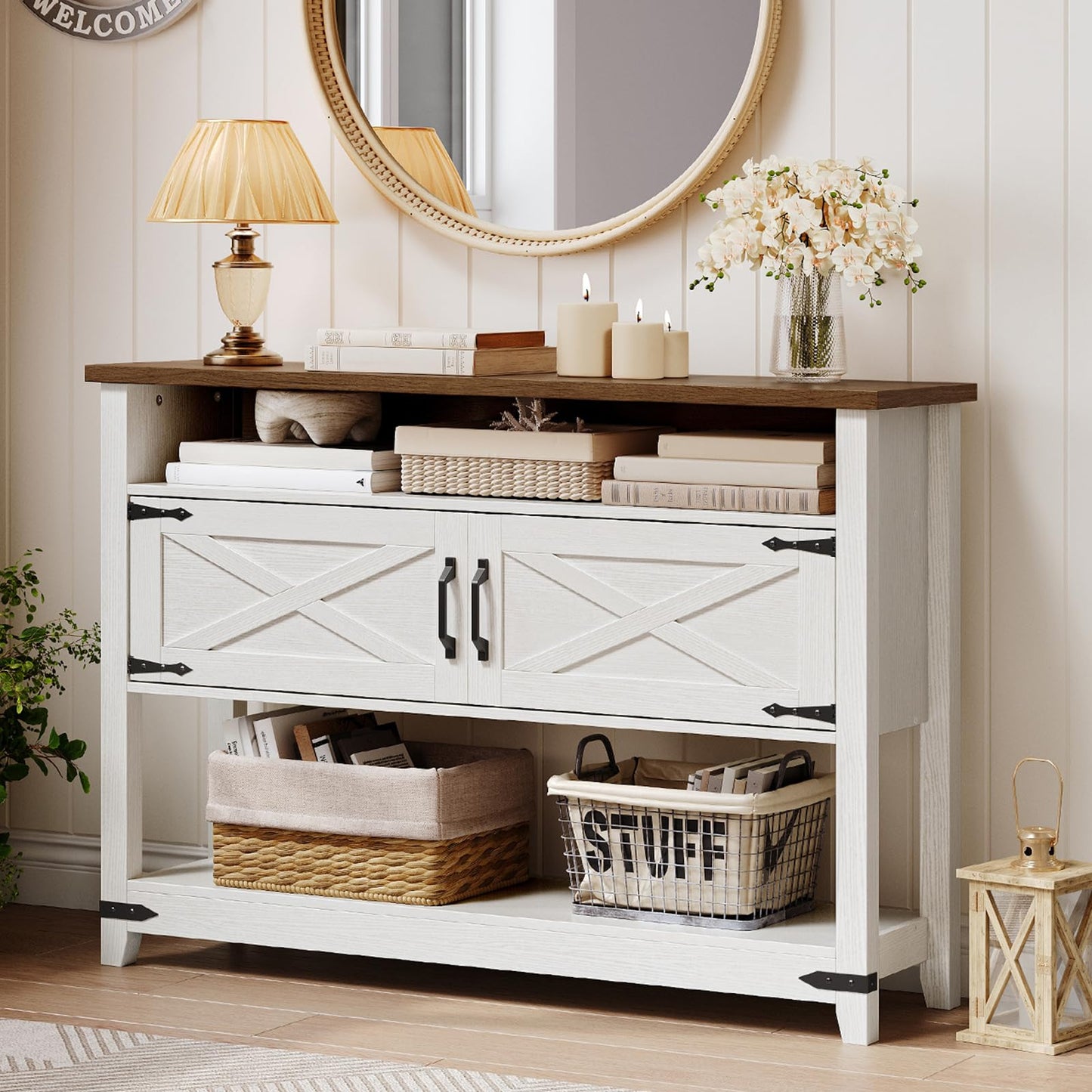 HOOBRO farmhouse console table with white barn door design in a cozy entryway under a mirror