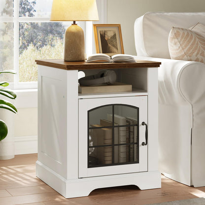 White side table with wooden top next to a white sofa in a living room.