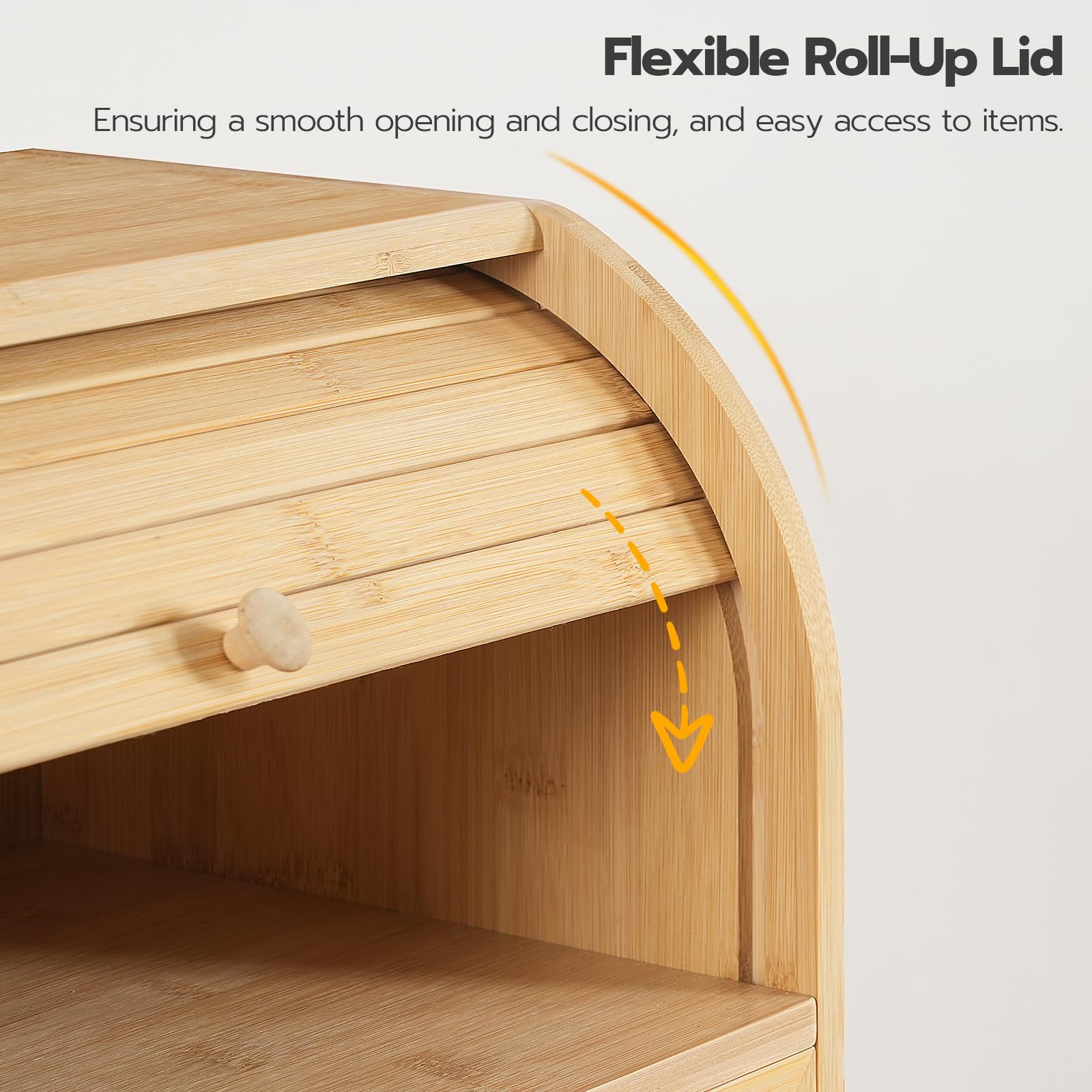 Wooden storage unit with a flexible roll-up lid on a white background