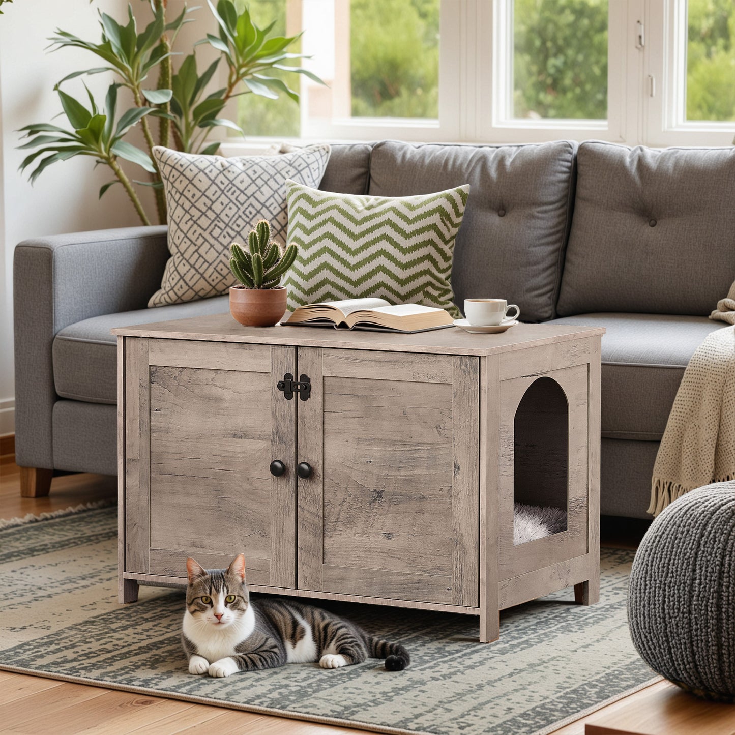 HOOBRO gray cat litter box enclosure with removable divider wooden hidden litter box cabinet furniture end table nightstand dog proof for large fat cats