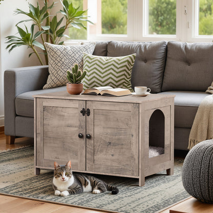 HOOBRO gray cat litter box enclosure with removable divider wooden hidden litter box cabinet furniture end table nightstand dog proof for large fat cats