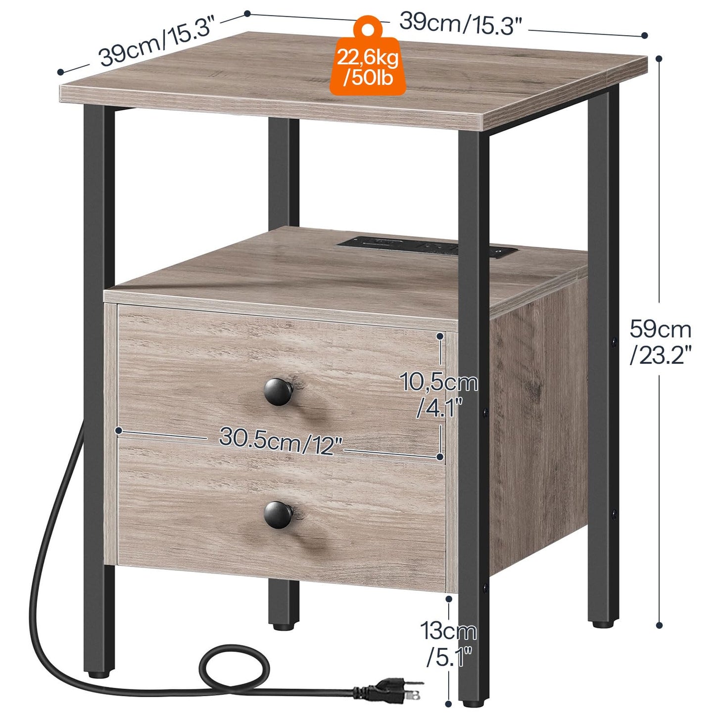 Detailed drawer sizes and outer dimensions of HOOBRO grey end table