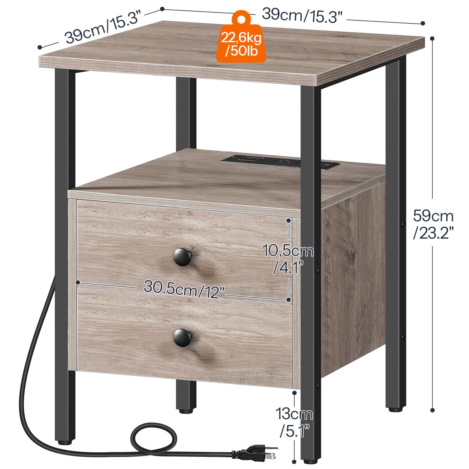 Detailed drawer sizes and outer dimensions of HOOBRO grey end table