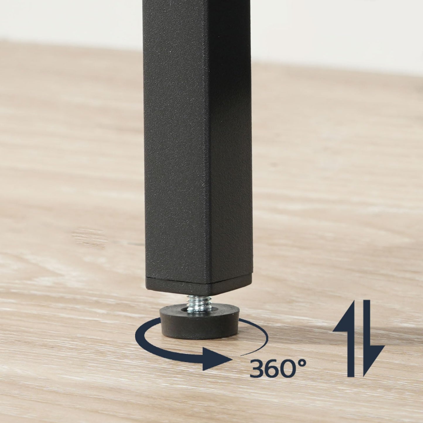 Adjustable leveling feet detail ensuring stability of the grey wood bedside table