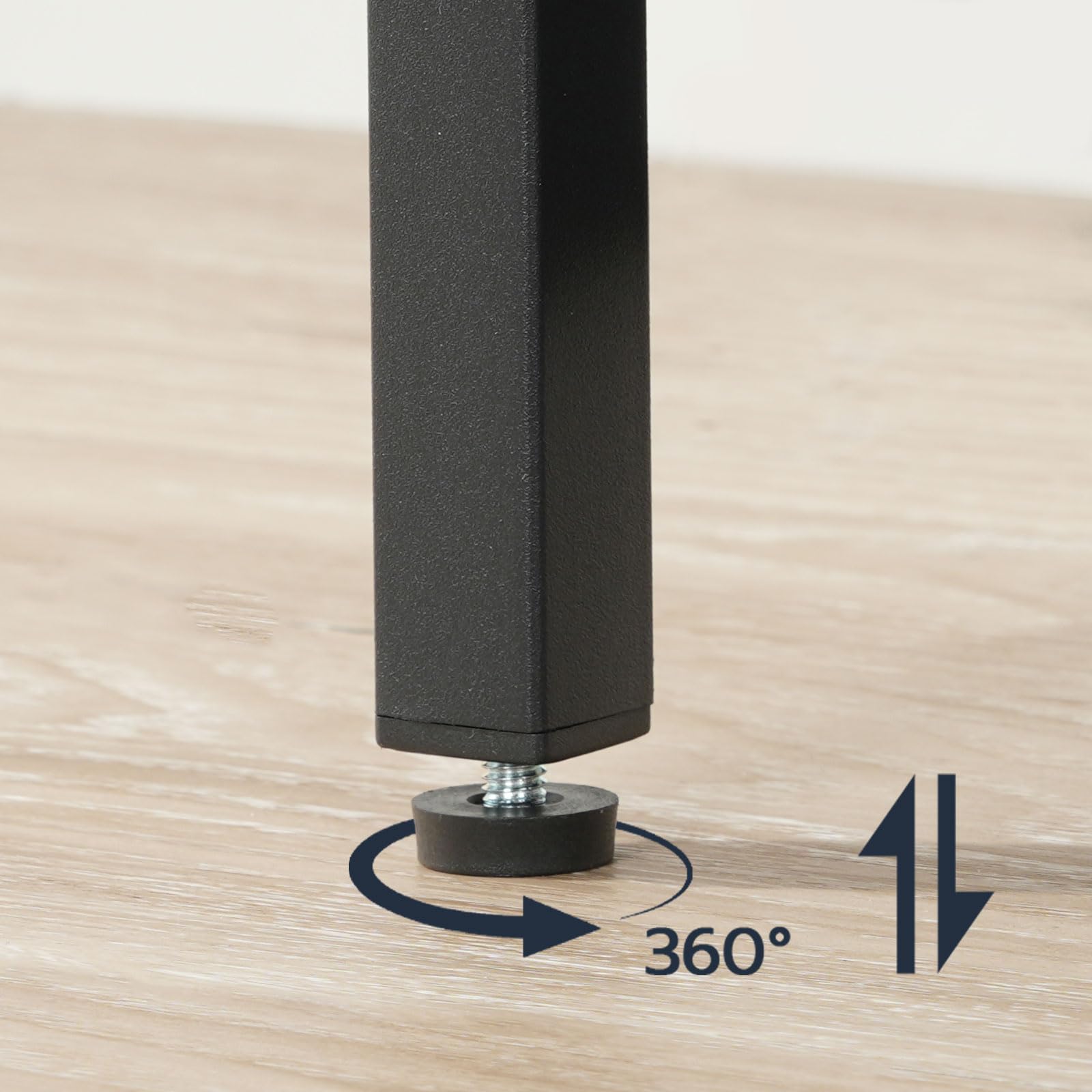 Adjustable leveling feet detail ensuring stability of the grey wood bedside table