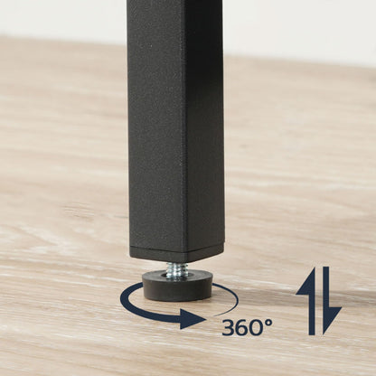 Adjustable leveling feet detail ensuring stability of the grey wood bedside table