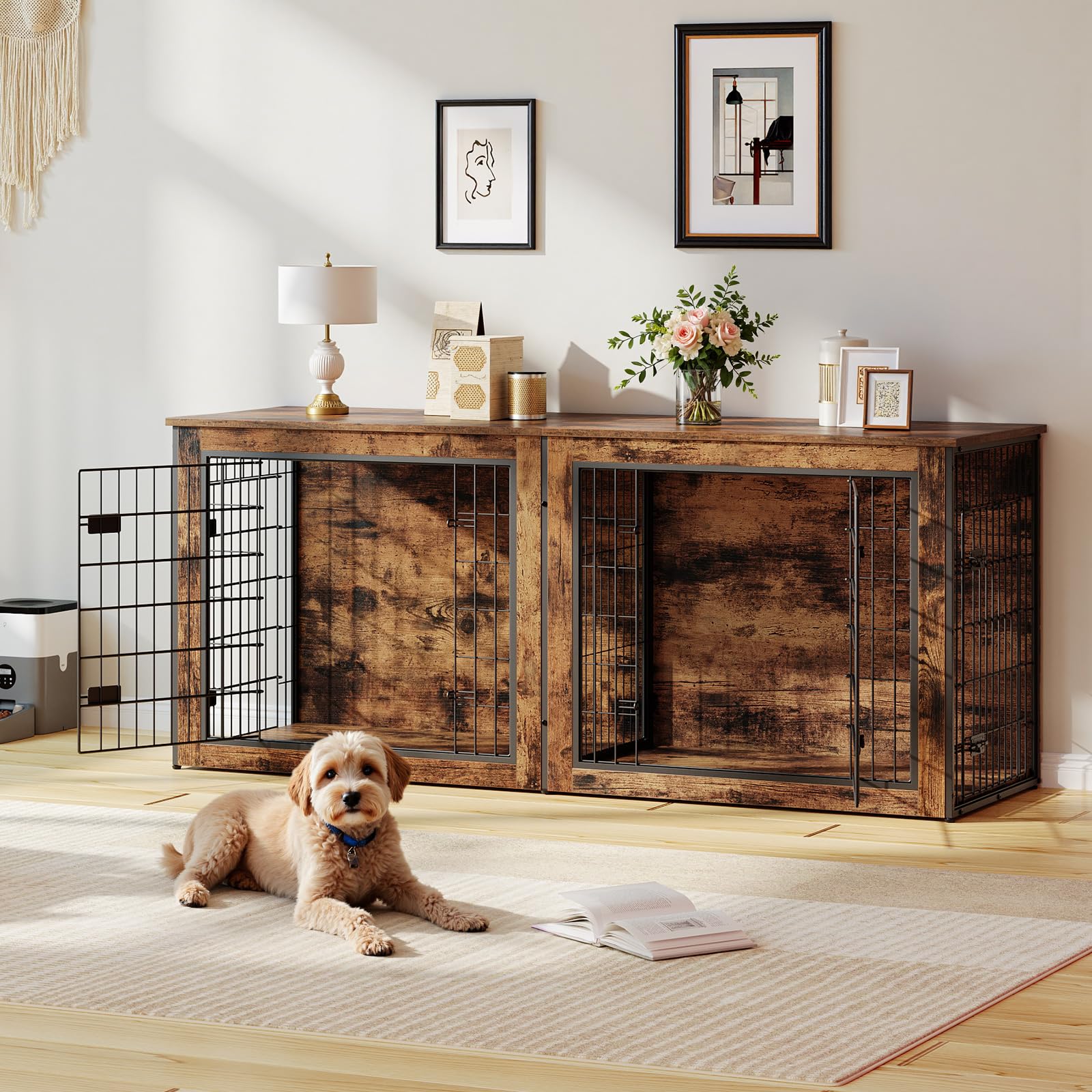 Dog lying on a rug in front of a wooden pet crate with wire doors in a room.