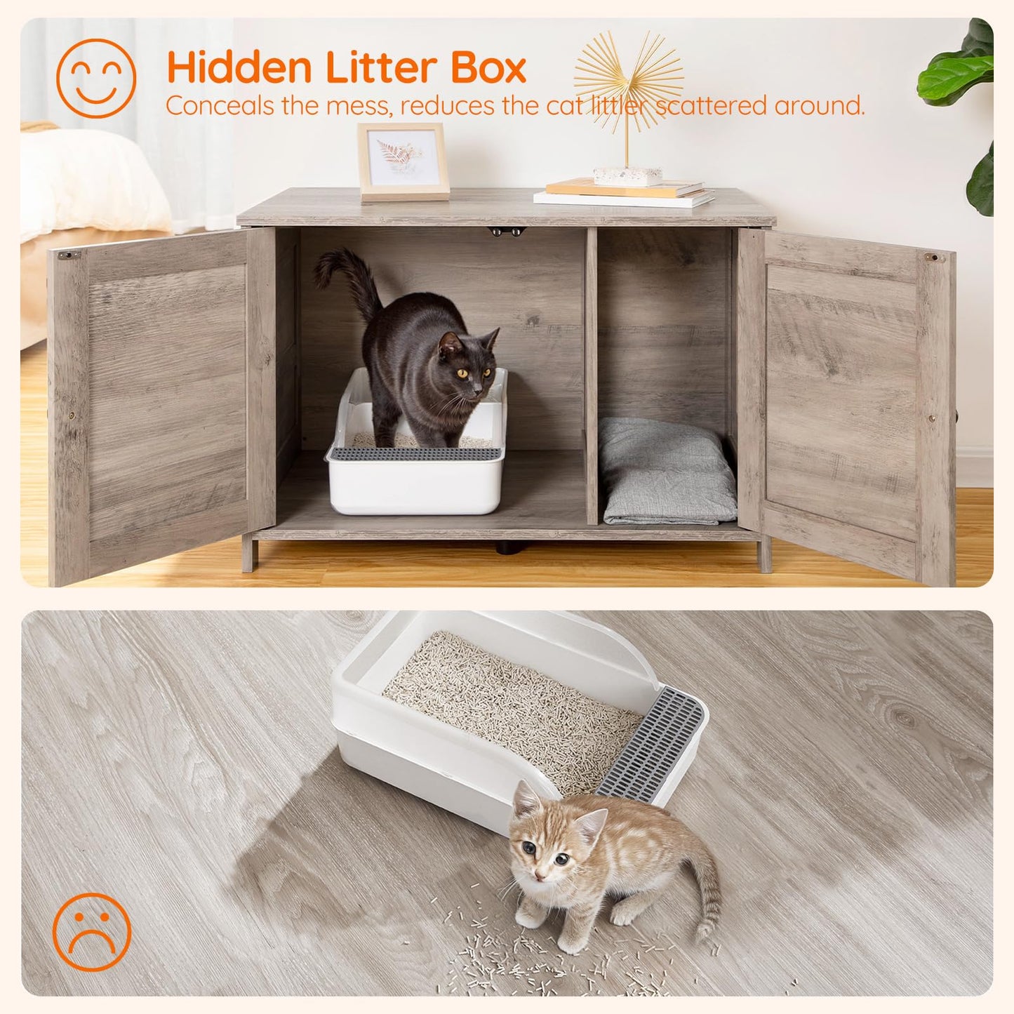 Hidden litter box system with a cat using it, and another cat near a litter box on a wooden floor.
