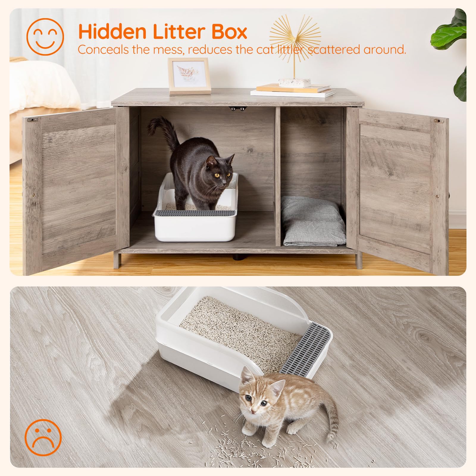 Hidden litter box system with a cat using it, and another cat near a litter box on a wooden floor.
