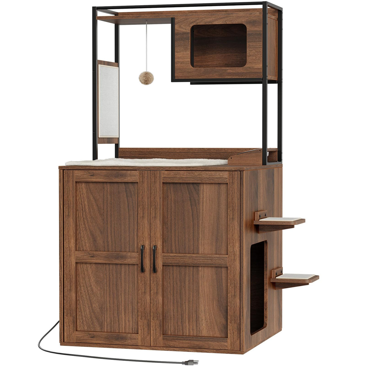 Wooden cabinet with glass panels and shelves on a white background