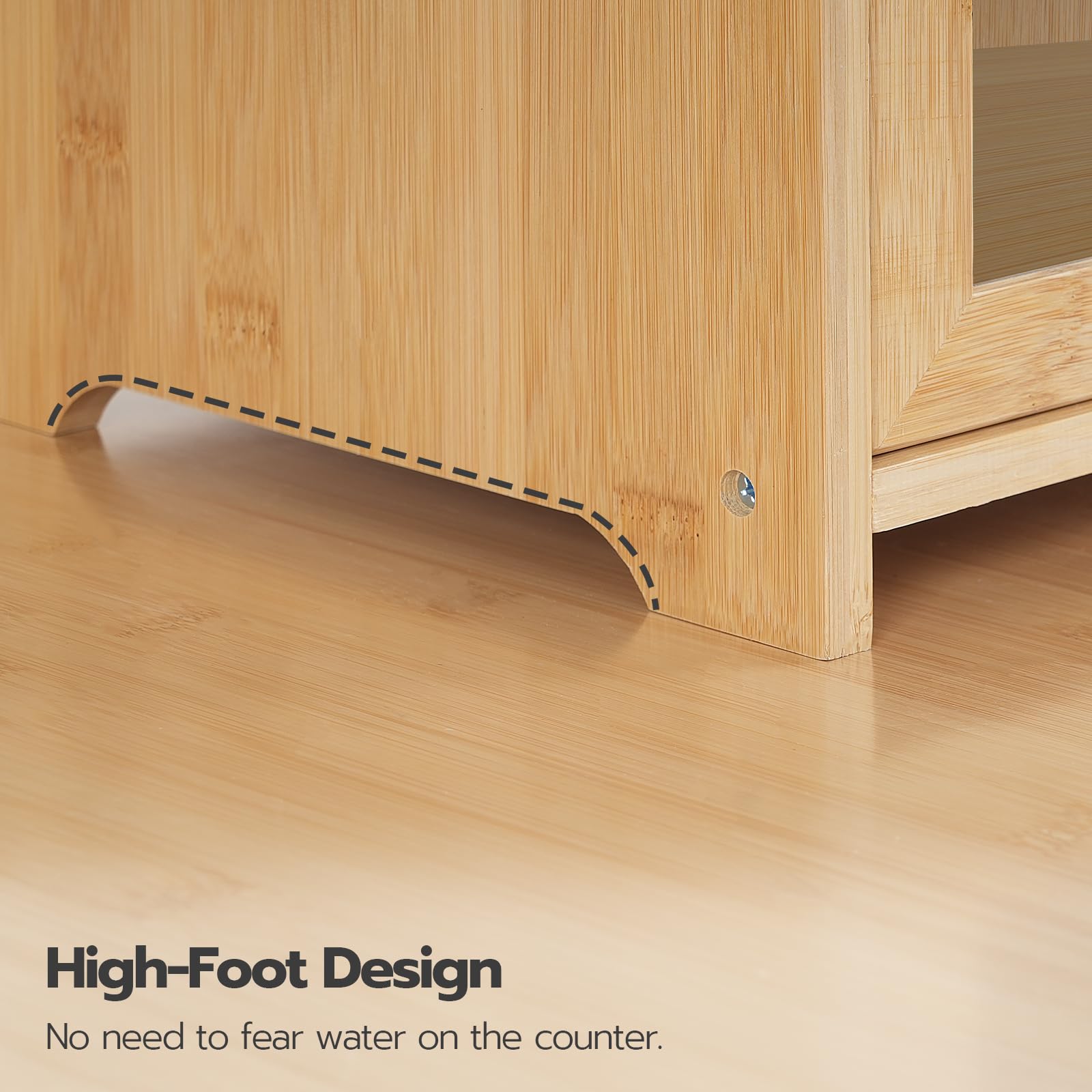 Wooden cabinet with high-foot design feature on a wooden floor.