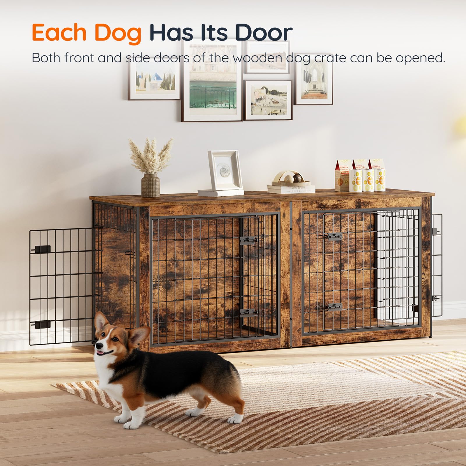 Wooden dog crate with open doors in a room setting, featuring a dog standing inside.
