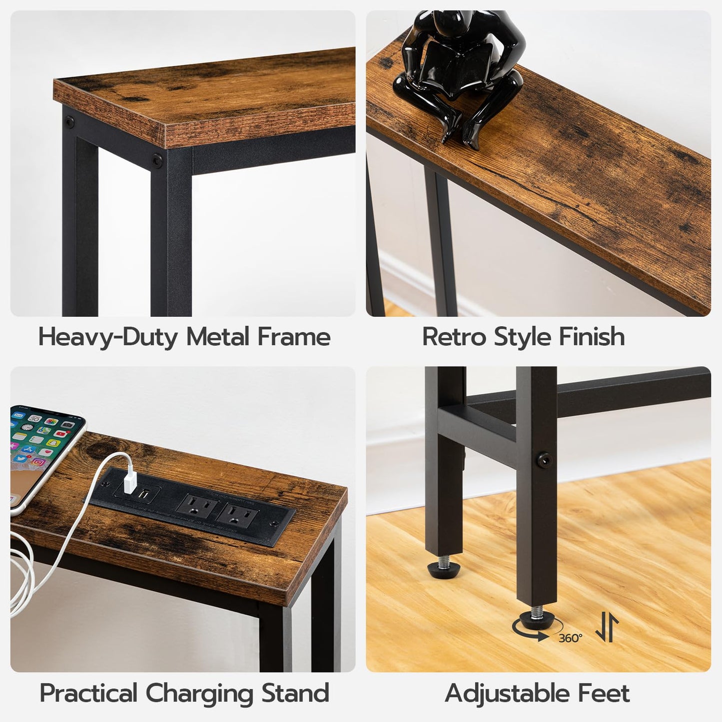 Material quality details showing heavy duty metal frame and retro style of HOOBRO console table