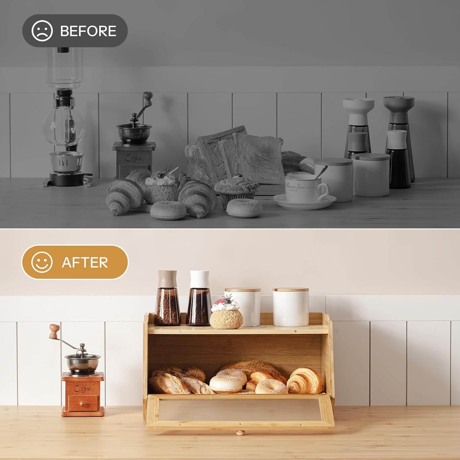 Before and after comparison of a kitchen setup with a wooden bread bin.