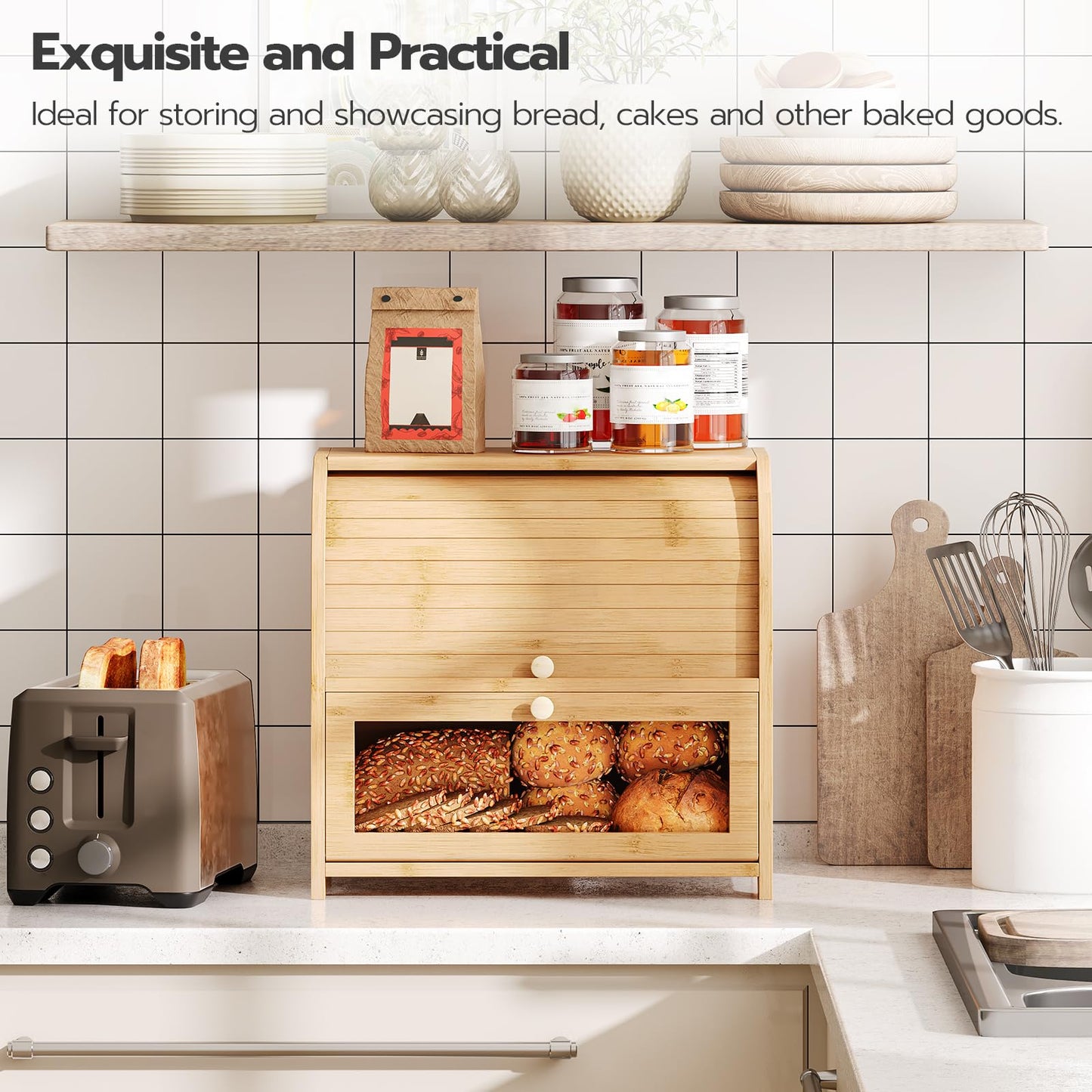 Wooden bread bin with baked goods on a kitchen counter, surrounded by kitchen items.