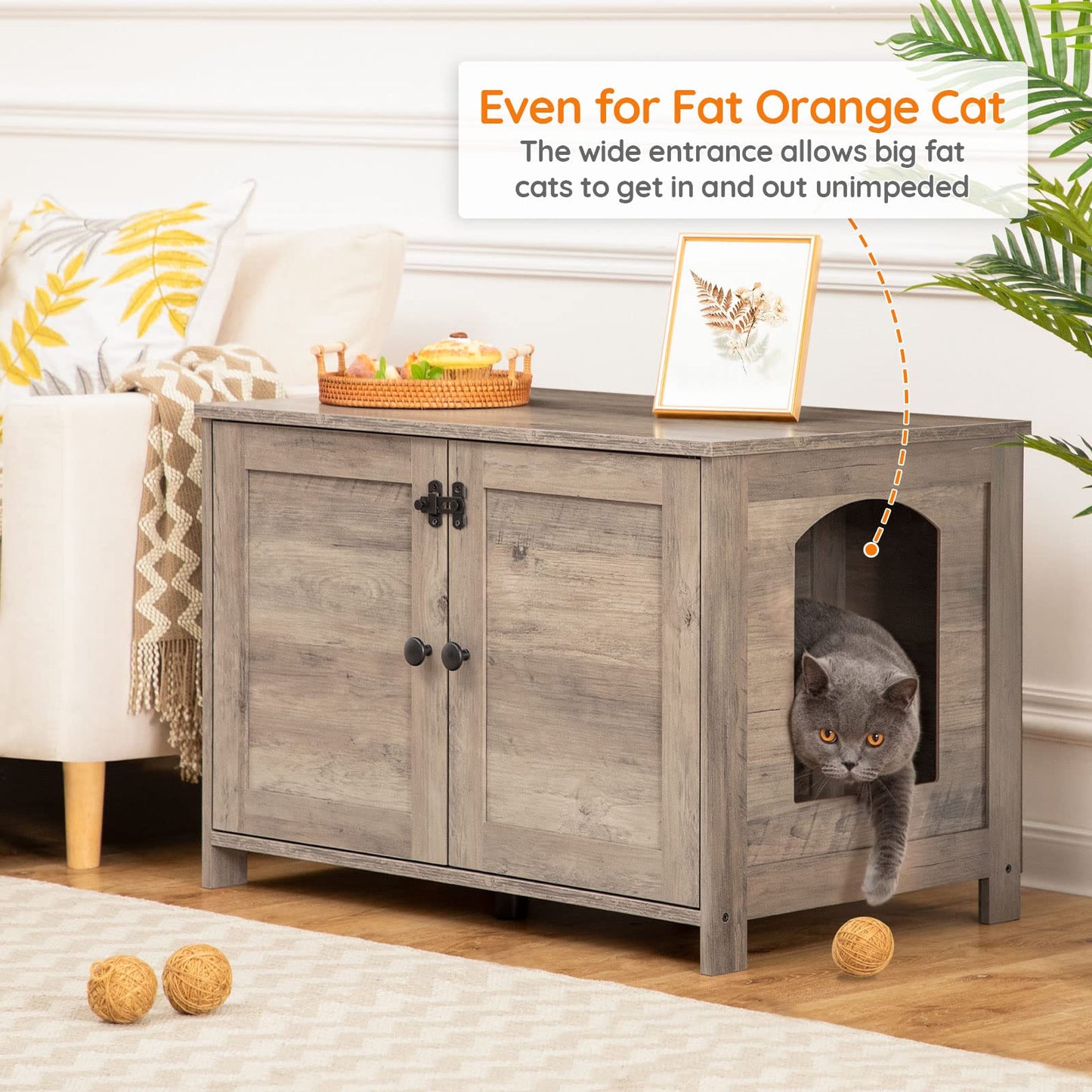 Wooden pet house with a cat peeking out, placed in a living room setting.