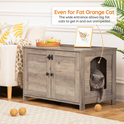 Wooden pet house with a cat peeking out, placed in a living room setting.