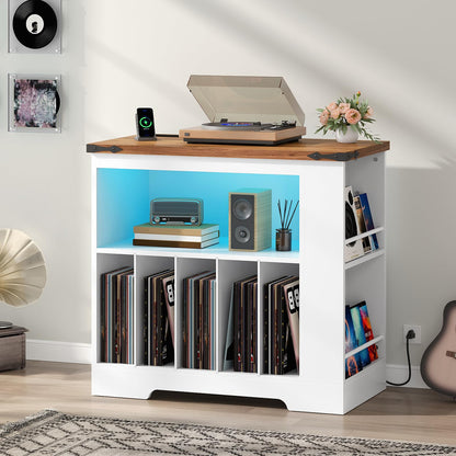 HOOBRO vinyl record storage cabinet with blue LED ambient lighting and a turntable on the rustic wood top.
