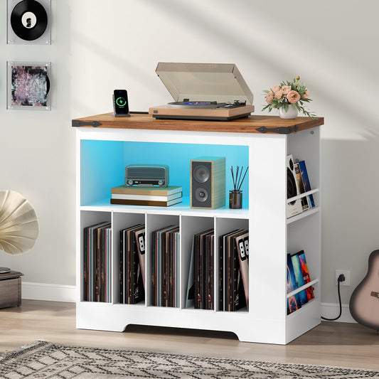 HOOBRO vinyl record storage cabinet with blue LED ambient lighting and a turntable on the rustic wood top.