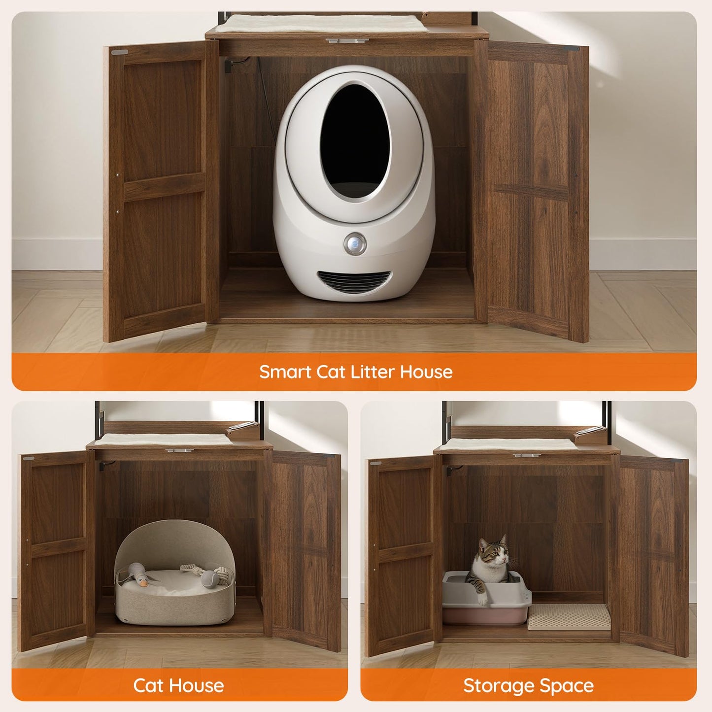 Smart cat litter house integrated into a wooden cabinet with additional features like a cat house and storage space.
