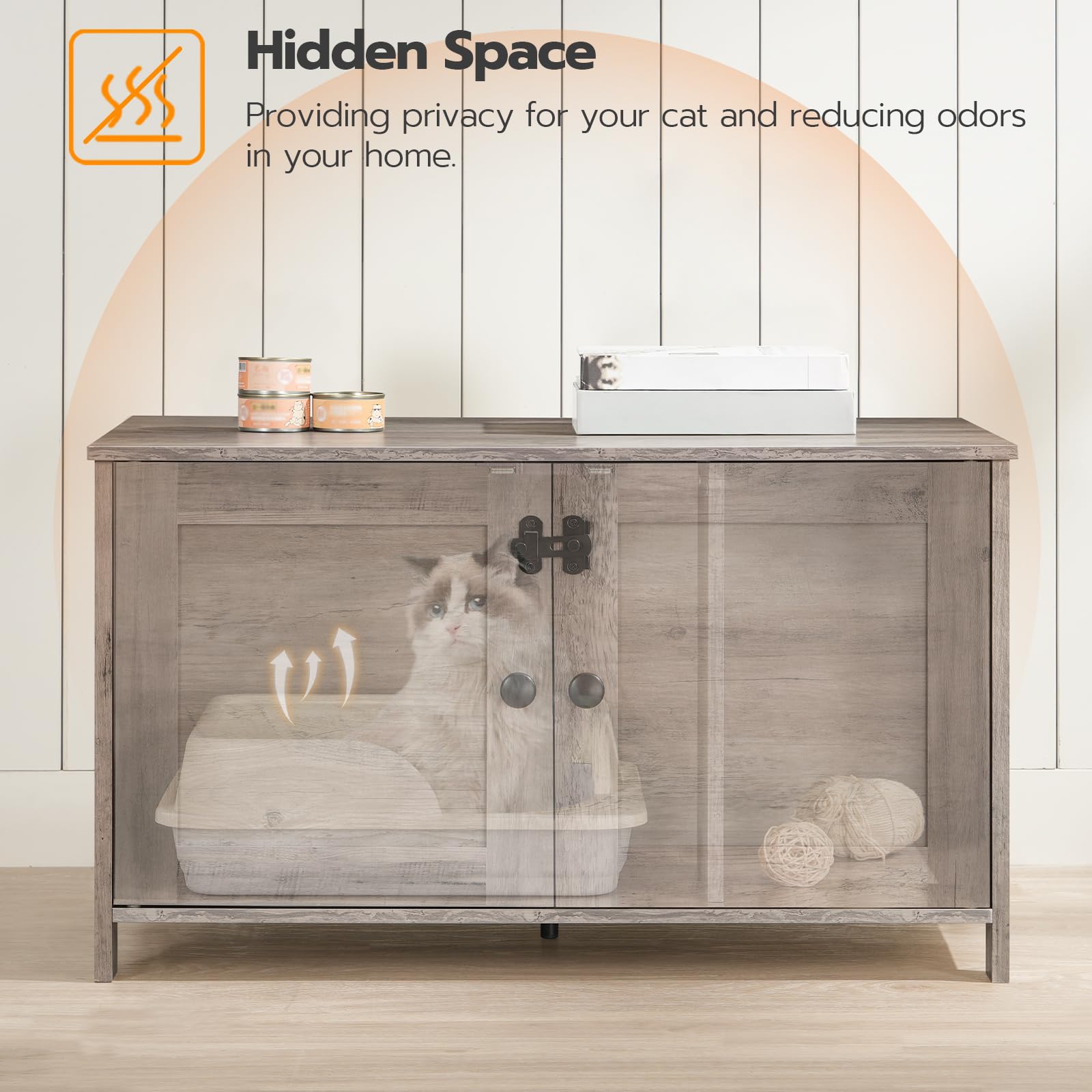 Wooden cabinet with a pet door, featuring a cat inside, on a light wooden floor.