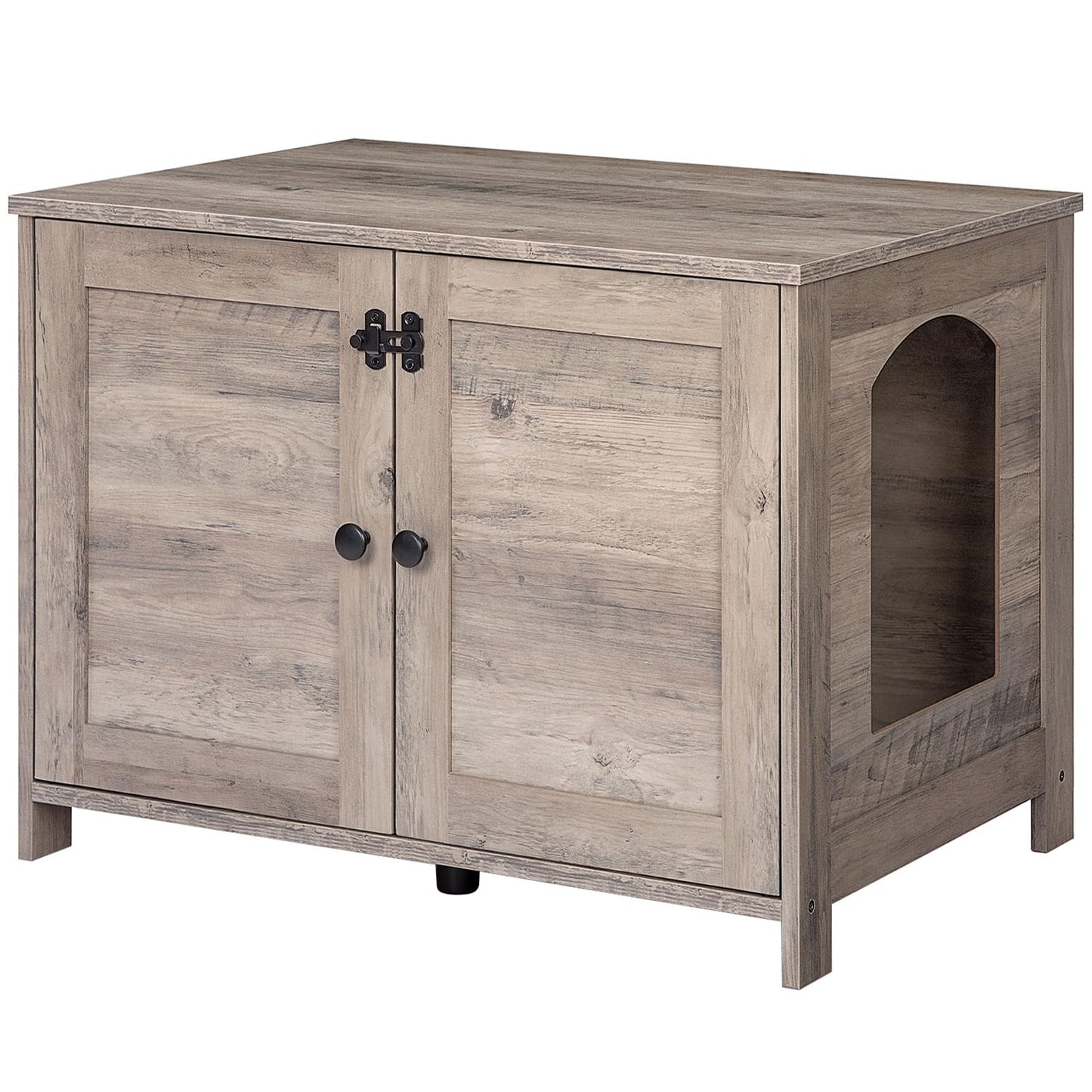 Wooden pet furniture with two doors and a cat litter box on a white background