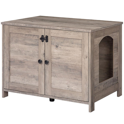 Wooden pet furniture with two doors and a cat litter box on a white background