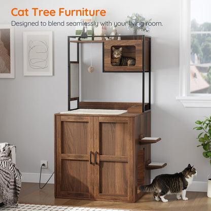 Wooden cat tree furniture with a cat on a wooden floor.