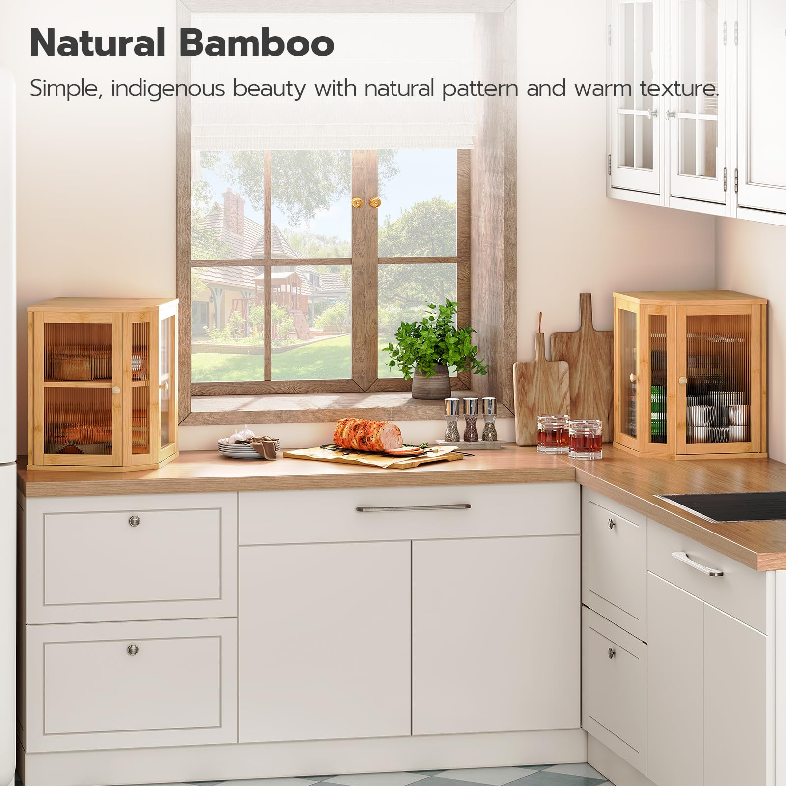 Kitchen with wooden cabinets and white walls, featuring a window view.