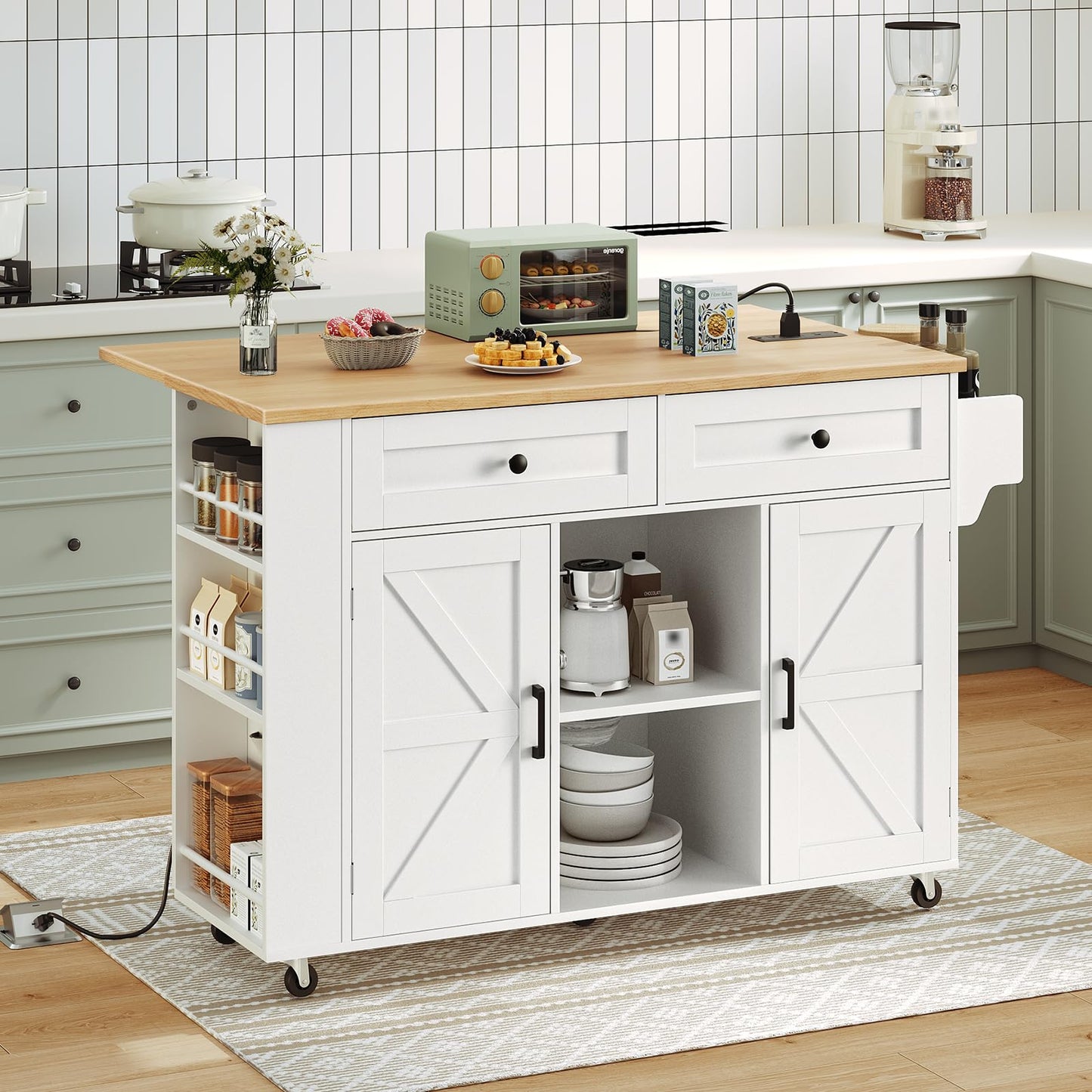 HOOBRO white rolling kitchen island cart with an expanded drop leaf wood countertop holding a toaster in a kitchen.