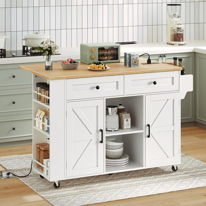 HOOBRO white rolling kitchen island cart with an expanded drop leaf wood countertop holding a toaster in a kitchen.