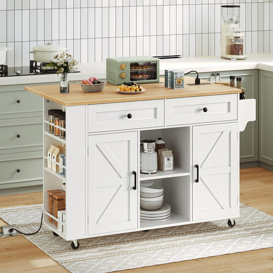 HOOBRO white rolling kitchen island cart with an expanded drop leaf wood countertop holding a toaster in a kitchen.