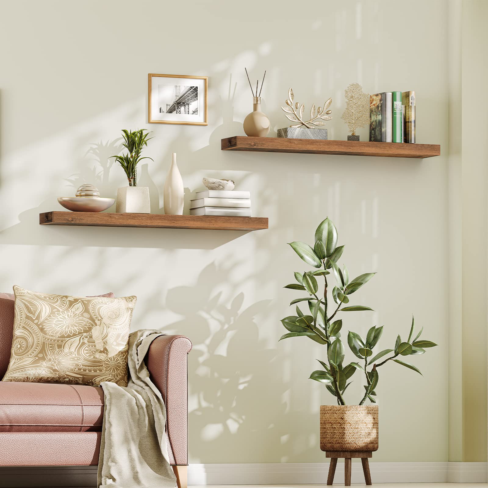 HOOBRO rustic floating shelves set of 2 in vintage brown wood displayed on a living room wall with a couch and potted plants.