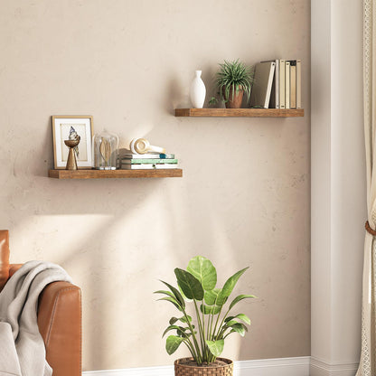 HOOBRO rustic floating shelves set of 2 in vintage brown wood displayed on a living room wall with books and plants.