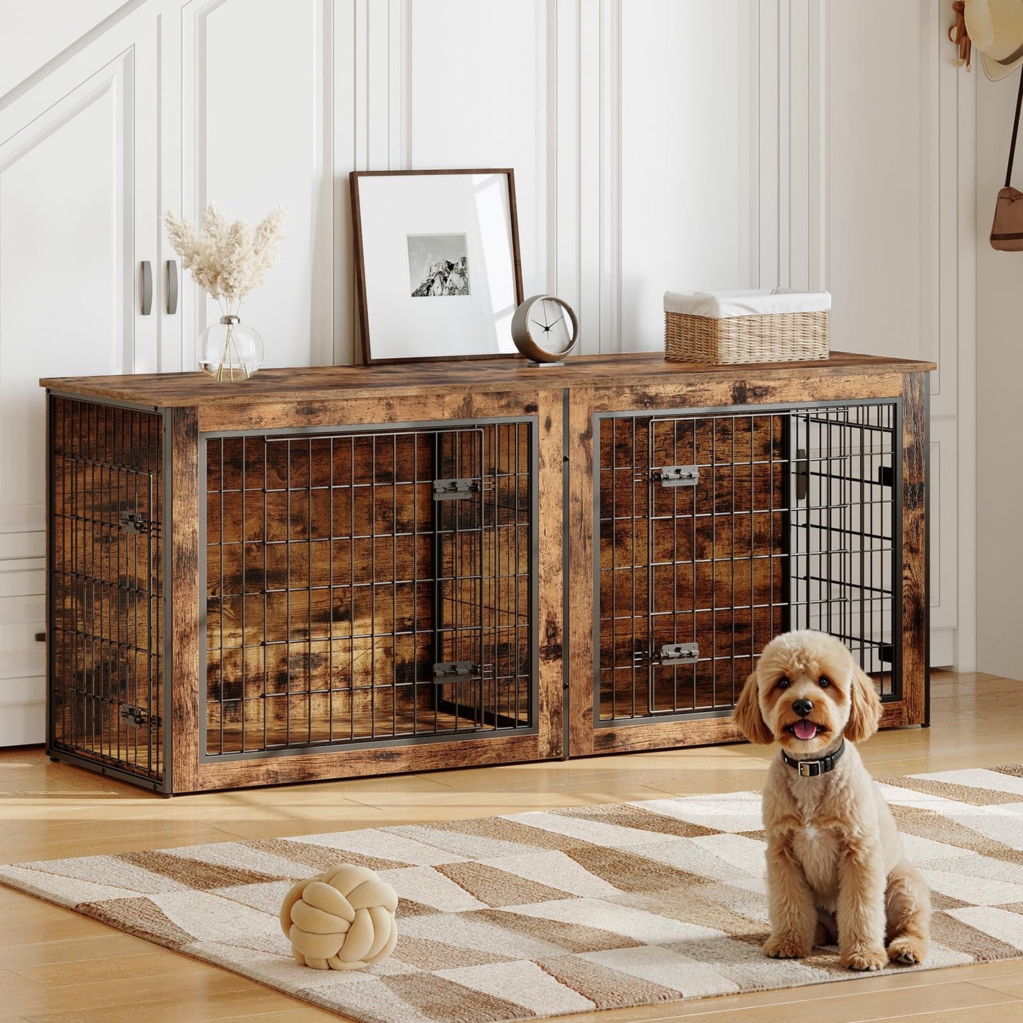 Wooden pet crate with wire doors in a room with a dog sitting on the floor.