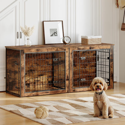 Wooden pet crate with wire doors in a room with a dog sitting on the floor.