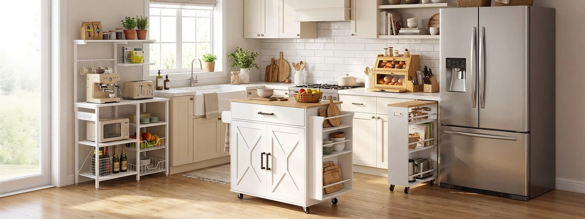 Kitchen with white island and baker's rack