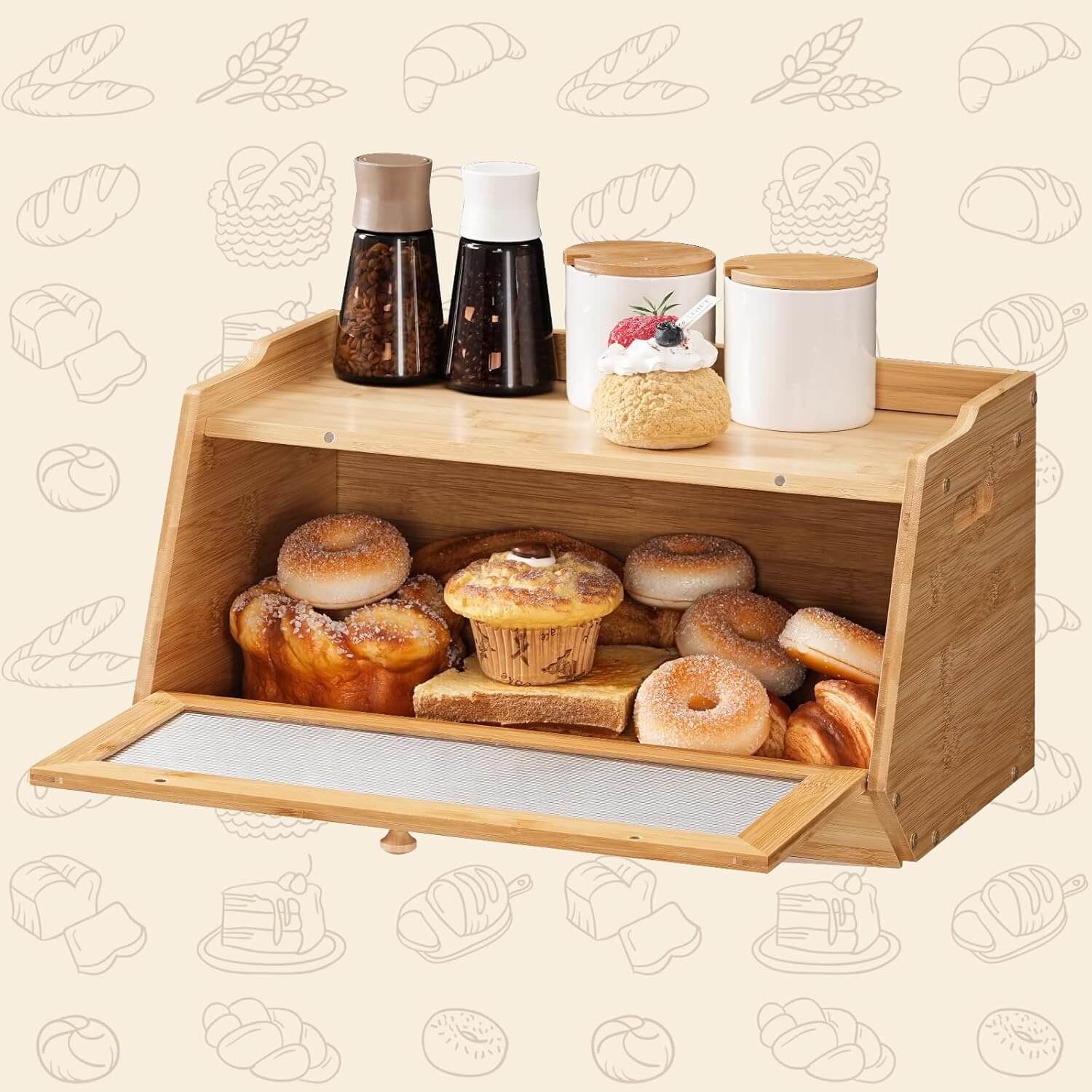 Wooden bread bin with baked goods and containers on a beige background with bread illustrations.