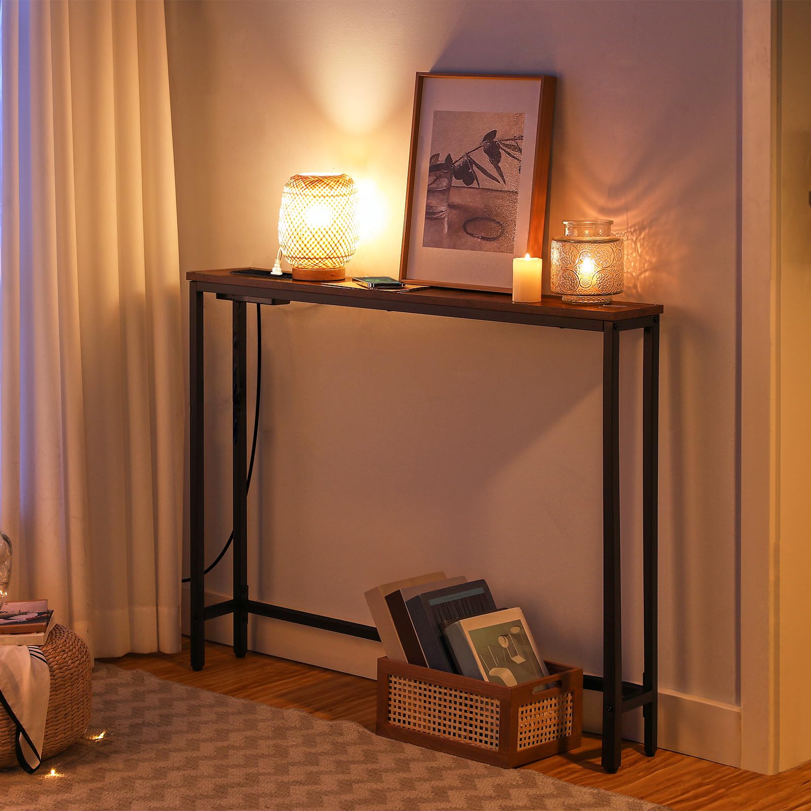 HOOBRO skinny console table with built-in power outlets creating a cozy entryway ambient