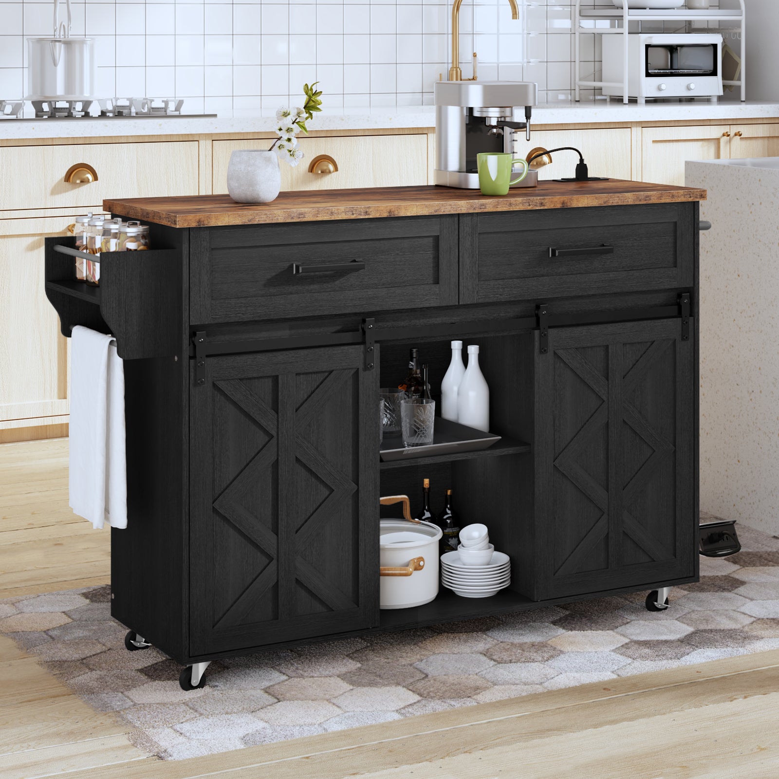 HOOBRO black rolling kitchen island cart with sliding barn doors and a dark wood top holding kitchen appliances.