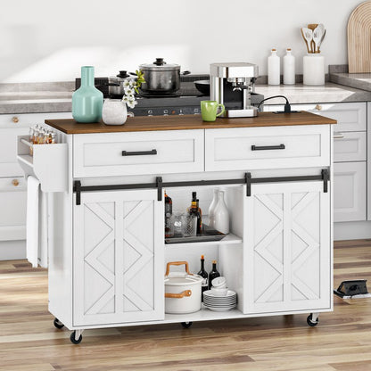 HOOBRO white rolling kitchen island cart with sliding barn doors and a wood top holding a coffee maker in a kitchen.