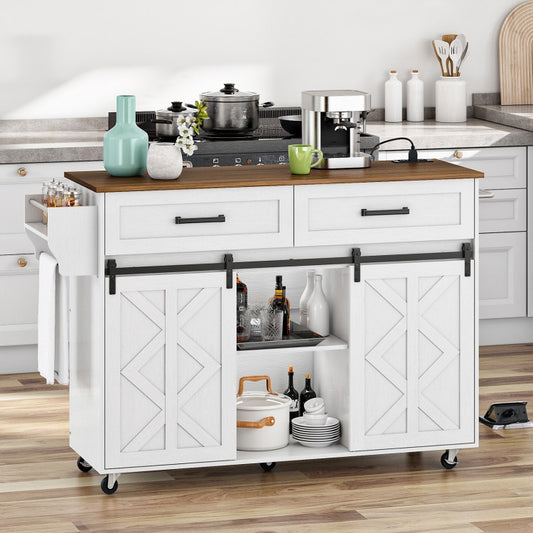 HOOBRO white rolling kitchen island cart with sliding barn doors and a wood top holding a coffee maker in a kitchen.