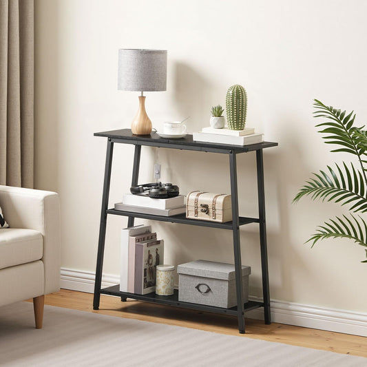 HOOBRO slim black console table with 3-tier open storage shelves holding a table lamp next to a living room sofa