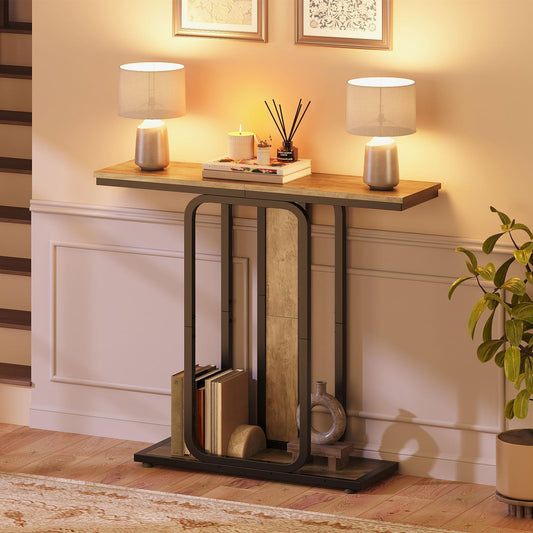 HOOBRO slim entryway console table with a rustic brown wood top holding two lighted table lamps in a cozy foyer.
