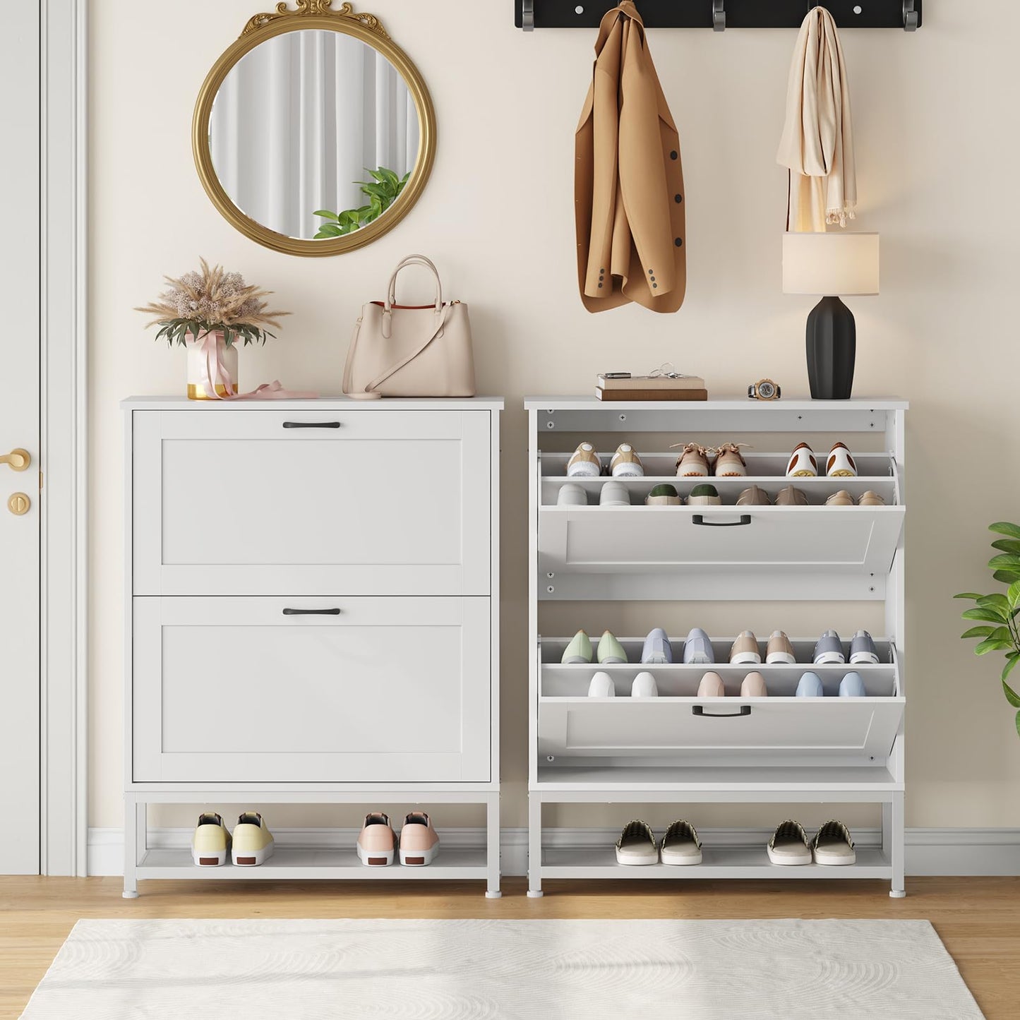 Two HOOBRO slim white hidden shoe cabinets placed in an entryway under a round mirror, one open and one closed.